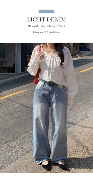Meteo Back Elastic Washed Wide Denim Pants