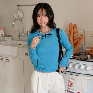 Orange Layered Round Long Sleeve T shirt