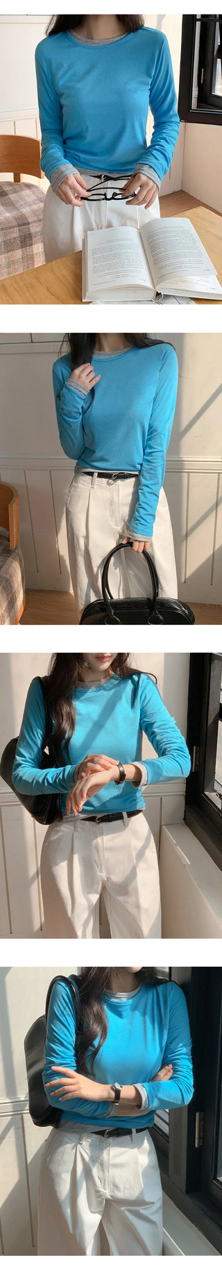 Orange Layered Round Long Sleeve T shirt