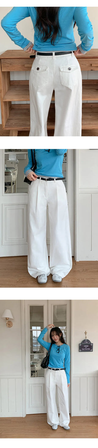 Vintero Pintuck Side Cut Back Pocket Cotton Wide Pants