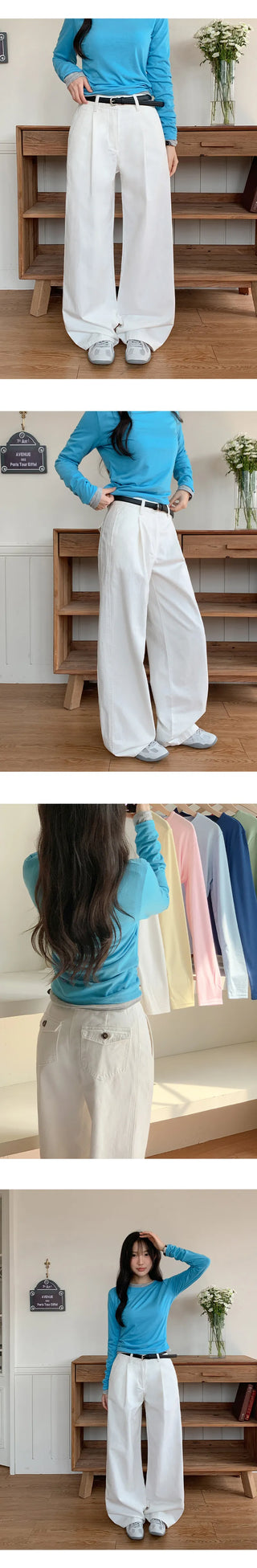 Vintero Pintuck Side Cut Back Pocket Cotton Wide Pants