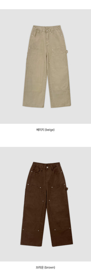 Daiven Rivet Carpenter Hidden Elastic Waist Cotton Wide Pants