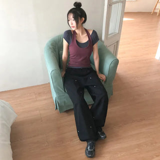 Daiven Rivet Carpenter Hidden Elastic Waist Cotton Wide Pants