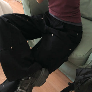 Daiven Rivet Carpenter Hidden Elastic Waist Cotton Wide Pants