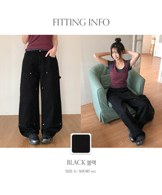 Daiven Rivet Carpenter Hidden Elastic Waist Cotton Wide Pants