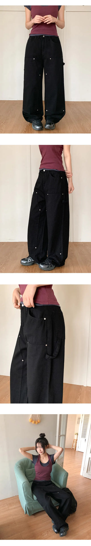 Daiven Rivet Carpenter Hidden Elastic Waist Cotton Wide Pants