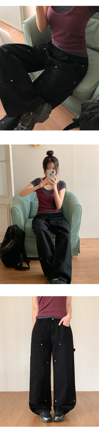 Daiven Rivet Carpenter Hidden Elastic Waist Cotton Wide Pants