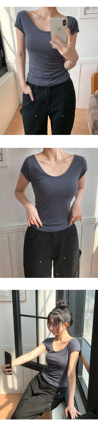 Soft U neck Cap Sleeve Rolled Slim Fit Short Sleeve T shirt