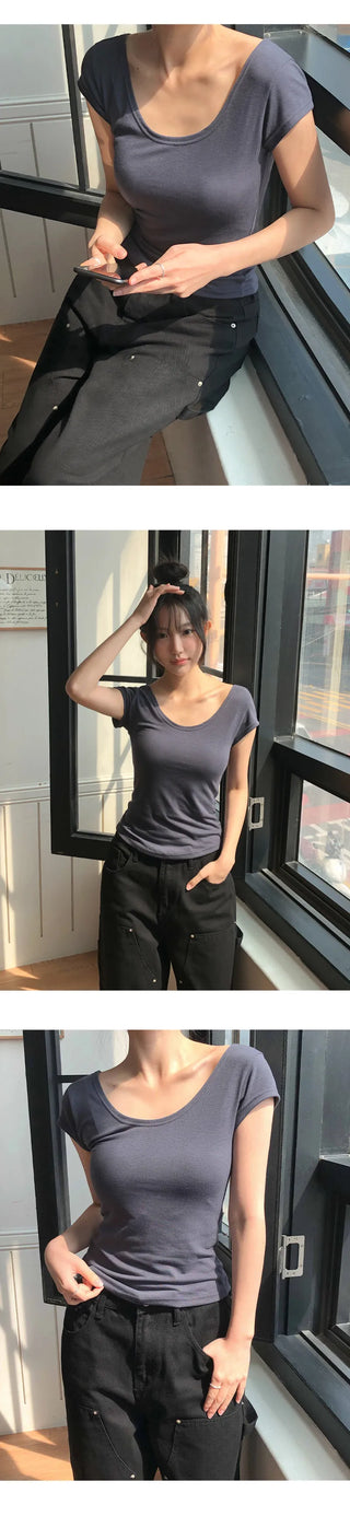 Soft U neck Cap Sleeve Rolled Slim Fit Short Sleeve T shirt