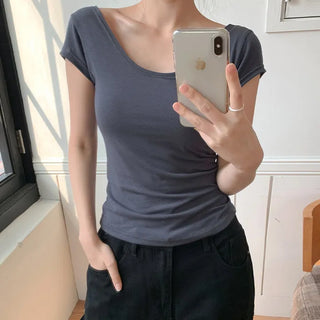 Soft U neck Cap Sleeve Rolled Slim Fit Short Sleeve T shirt