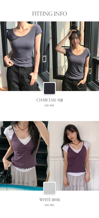 Soft U neck Cap Sleeve Rolled Slim Fit Short Sleeve T shirt