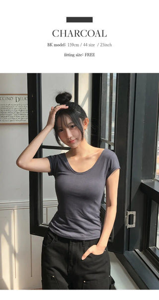 Soft U neck Cap Sleeve Rolled Slim Fit Short Sleeve T shirt