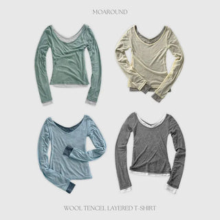 Toyro Wool Tencel Wide V Neck Long Sleeve T Shirt
