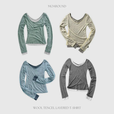 Toyro Wool Tencel Wide V Neck Long Sleeve T Shirt