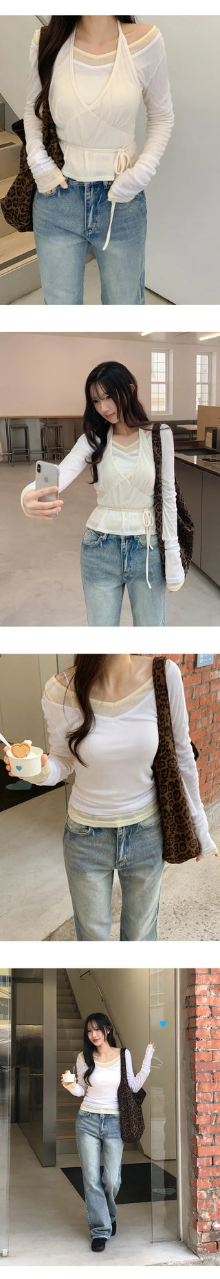 Toyro Wool Tencel Wide V Neck Long Sleeve T Shirt