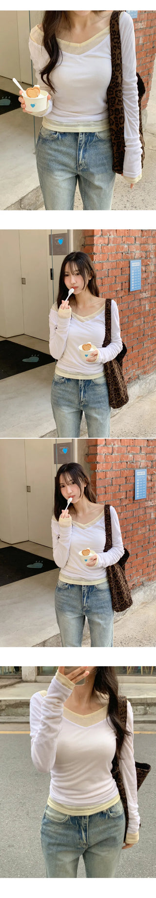 Toyro Wool Tencel Wide V Neck Long Sleeve T Shirt