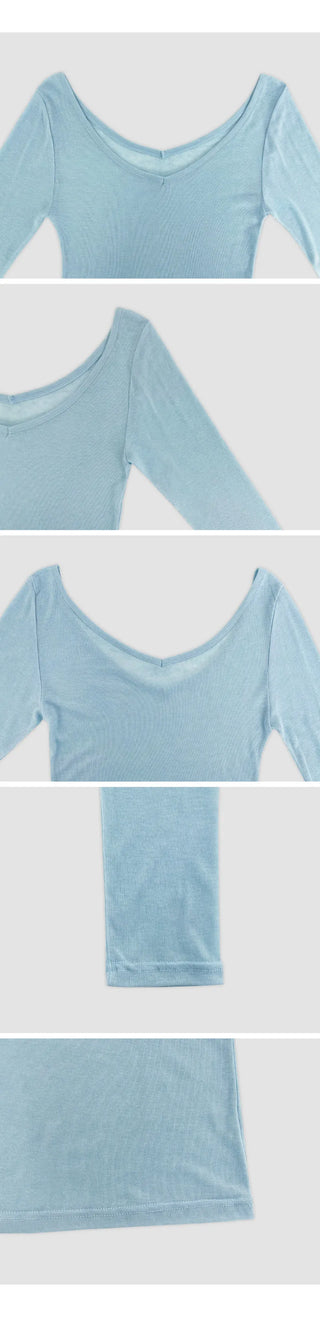 Toyro Wool Tencel Wide V Neck Long Sleeve T Shirt