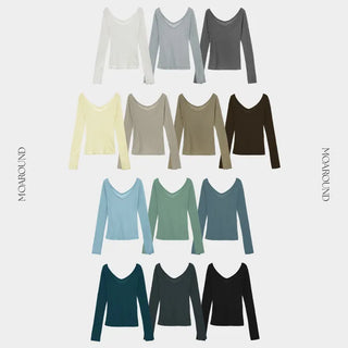 Toyro Wool Tencel Wide V Neck Long Sleeve T Shirt