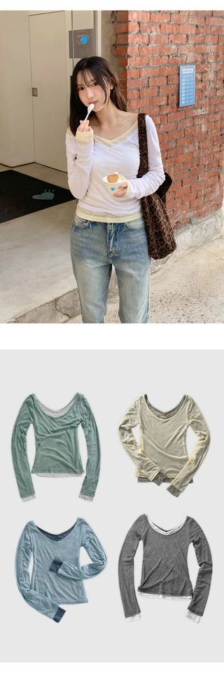 Toyro Wool Tencel Wide V Neck Long Sleeve T Shirt