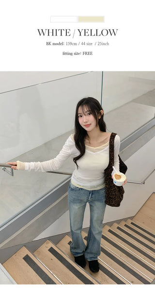 Toyro Wool Tencel Wide V Neck Long Sleeve T Shirt