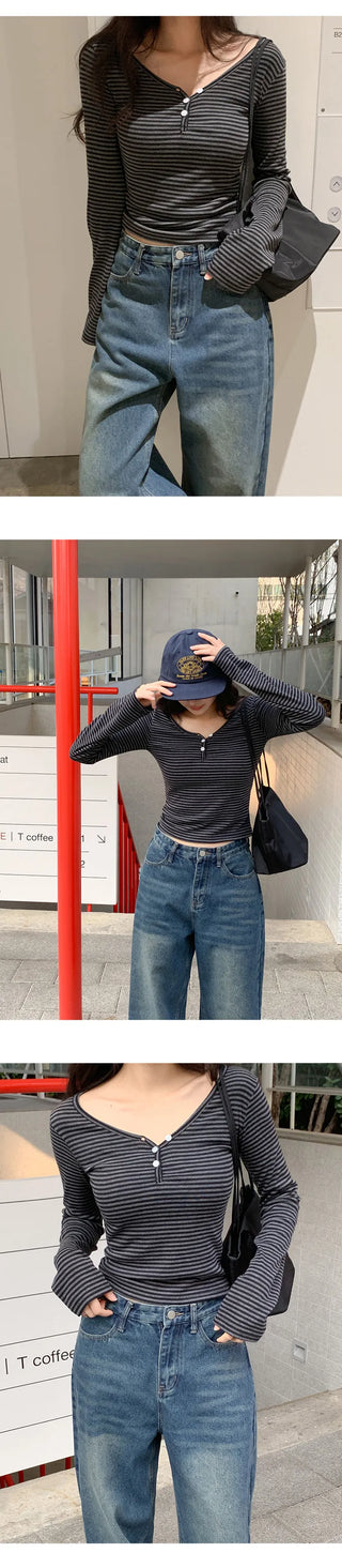 Lauon V neck Button Striped Long Sleeve T shirt 4colcr