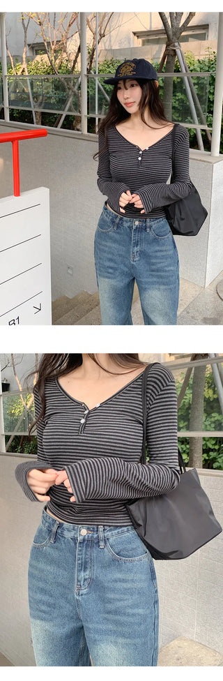 Lauon V neck Button Striped Long Sleeve T shirt 4colcr