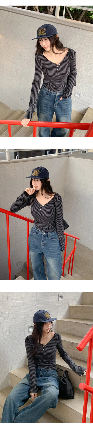 Lauon V neck Button Striped Long Sleeve T shirt 4colcr