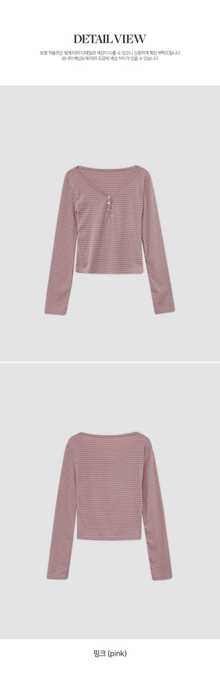 Lauon V neck Button Striped Long Sleeve T shirt 4colcr
