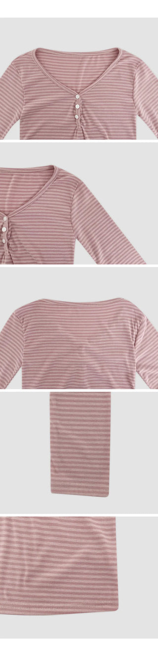Lauon V neck Button Striped Long Sleeve T shirt 4colcr