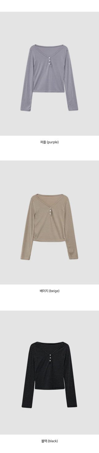 Lauon V neck Button Striped Long Sleeve T shirt 4colcr
