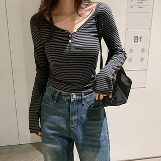 Lauon V neck Button Striped Long Sleeve T shirt 4colcr