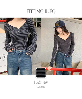 Lauon V neck Button Striped Long Sleeve T shirt 4colcr