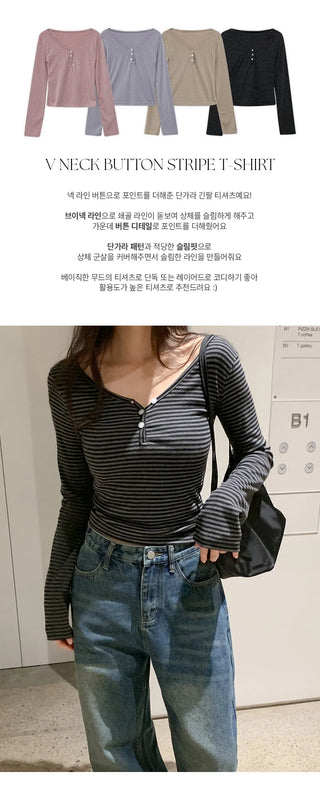 Lauon V neck Button Striped Long Sleeve T shirt 4colcr