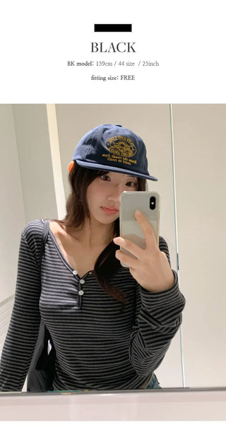 Lauon V neck Button Striped Long Sleeve T shirt 4colcr