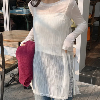Klatz Lace Pleated See through Layered Mini Dress