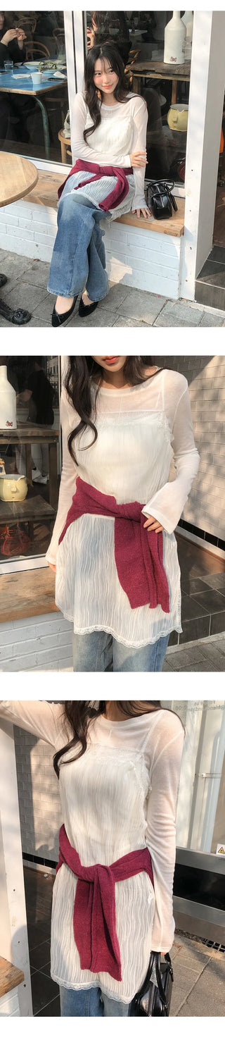 Klatz Lace Pleated See through Layered Mini Dress