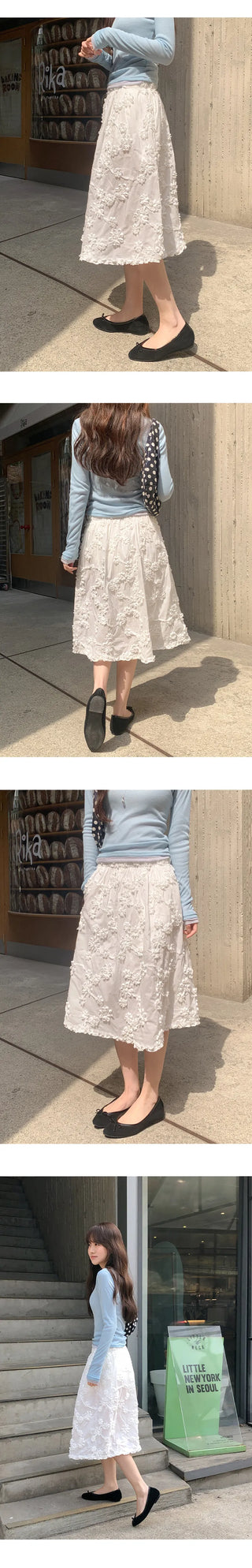 Hilua Flower Frill Banding Flare Midi Skirt