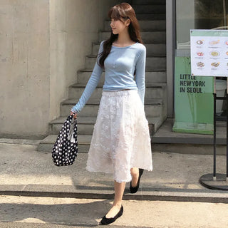 Hilua Flower Frill Banding Flare Midi Skirt