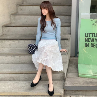 Hilua Flower Frill Banding Flare Midi Skirt