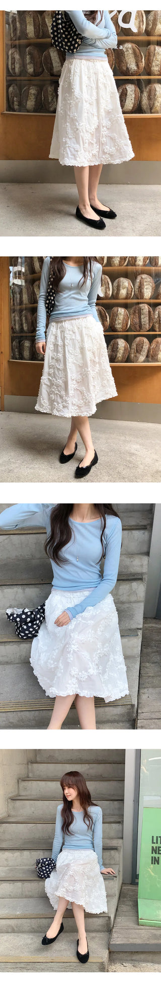 Hilua Flower Frill Banding Flare Midi Skirt