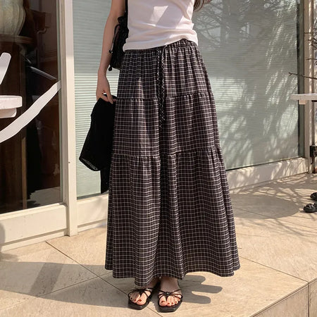 Akind String Banding Check Long Skirt