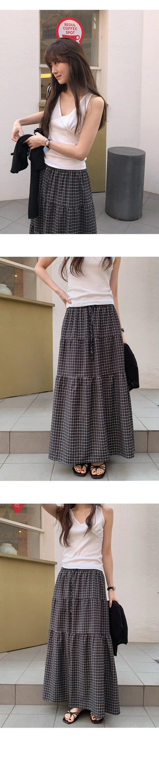 Akind String Banding Check Long Skirt