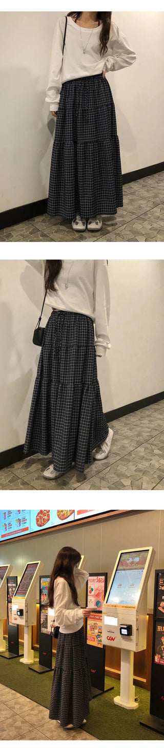 Akind String Banding Check Long Skirt