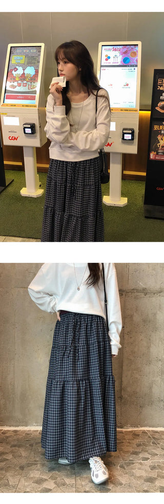 Akind String Banding Check Long Skirt