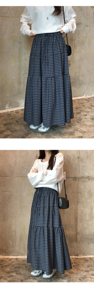 Akind String Banding Check Long Skirt