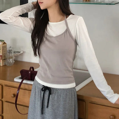 Tyrend Color Block Halter Neck Sleeveless Long Sleeve T shirt Layered Set