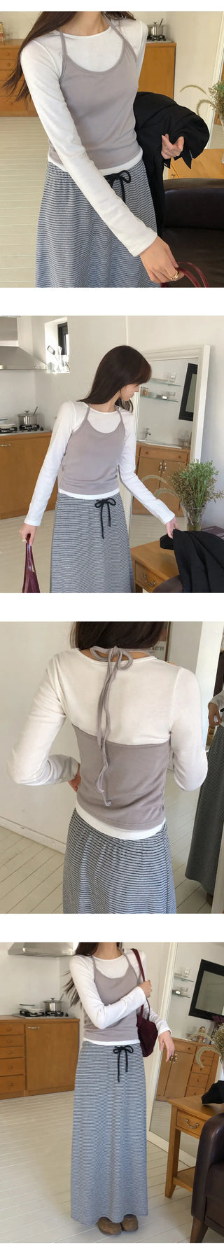 Tyrend Color Block Halter Neck Sleeveless Long Sleeve T shirt Layered Set