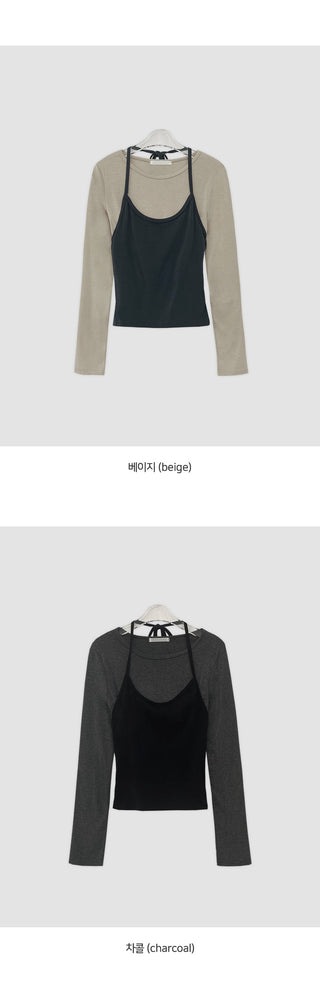 Tyrend Color Block Halter Neck Sleeveless Long Sleeve T shirt Layered Set