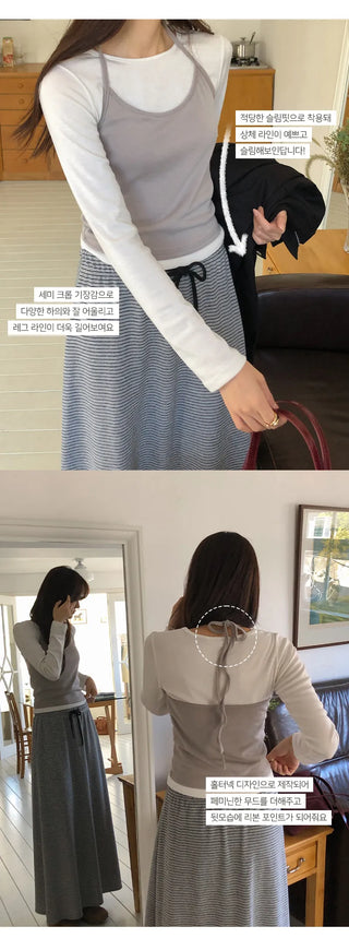 Tyrend Color Block Halter Neck Sleeveless Long Sleeve T shirt Layered Set