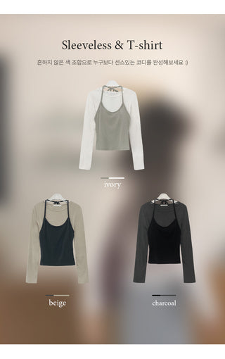 Tyrend Color Block Halter Neck Sleeveless Long Sleeve T shirt Layered Set